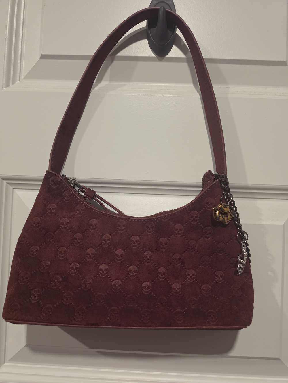 Betsey Johnson Burgundy Suede Skull-Embossed Shoulder Bag